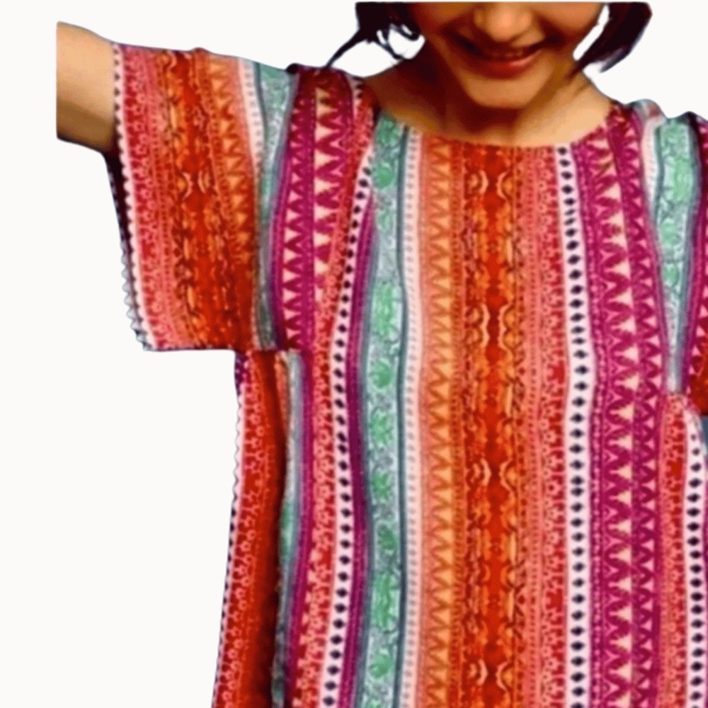 MAEVE ANTHROPOLOGIE Milla Boho Top Vibrant Multi Colour Short Sleeves Loose Fit